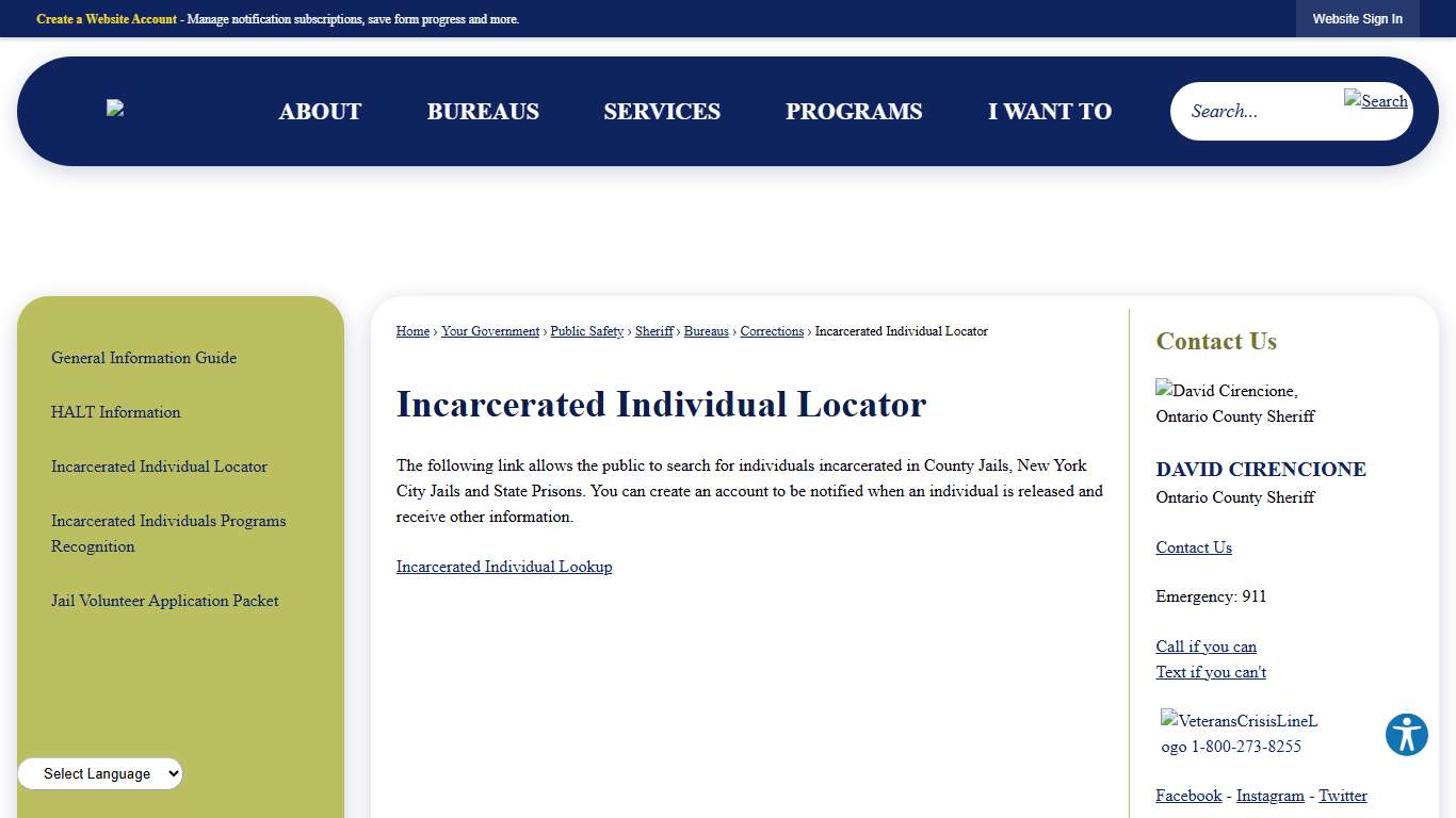Incarcerated Individual Locator | Ontario County, NY - Official Website